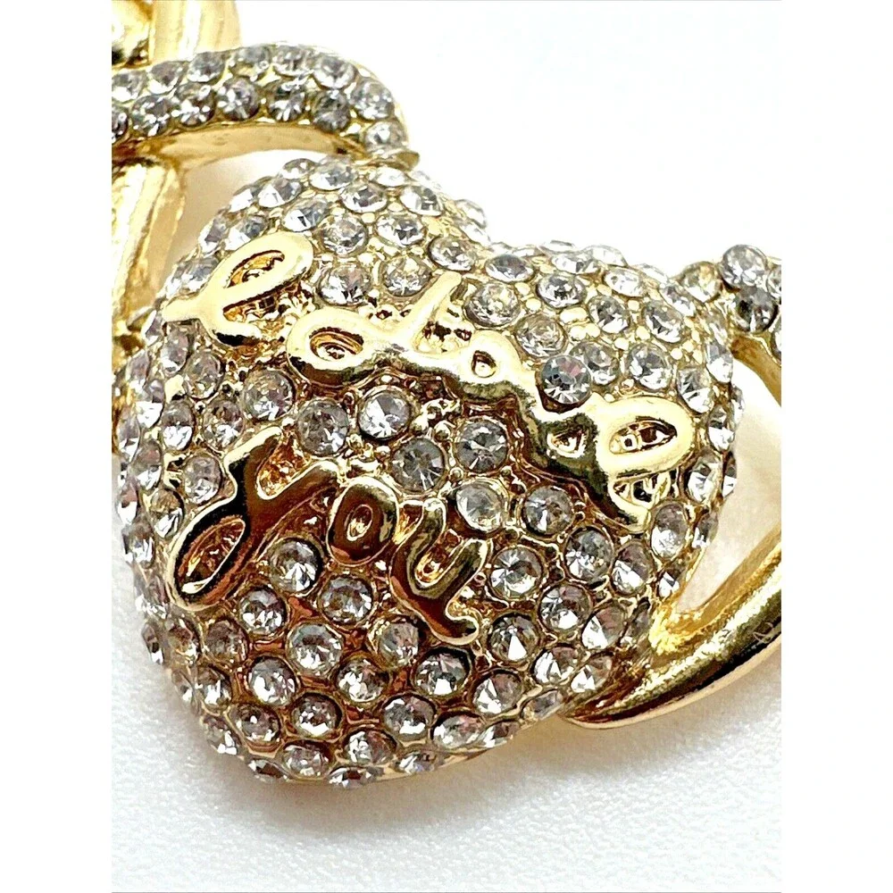 Gold Tone Rhinestone Heart Necklace Bracelet Set I Love You Pave Statement